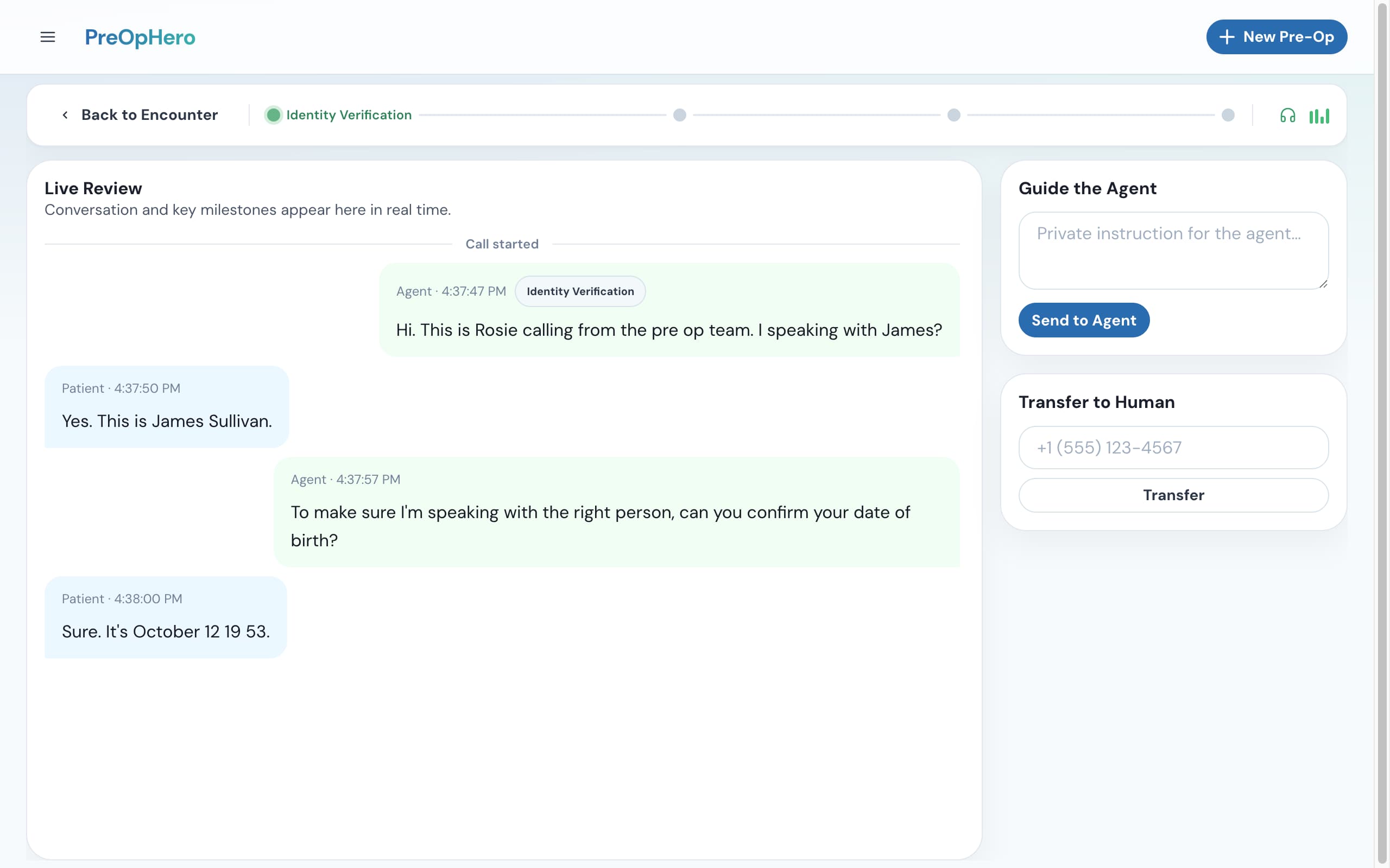 Provider monitoring interface showing the live transcript and controls for listening in, nudging the agent, and managing the call.